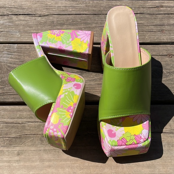 NWT Lime green patent floral platform 5” chunky heel mules no brand all new 7.5 - Picture 12 of 12
